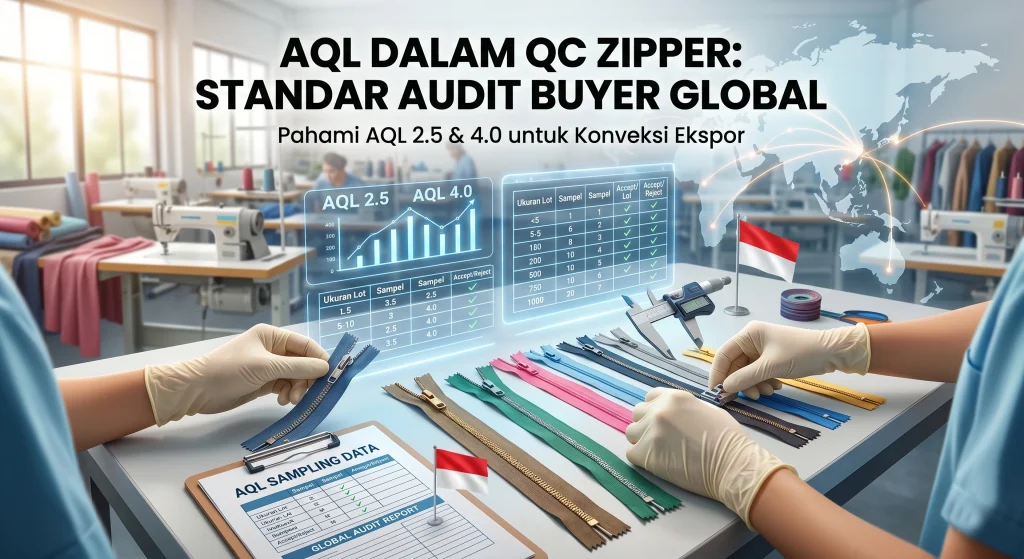 Proses inspeksi QC zipper menggunakan standar AQL di lini produksi konveksi