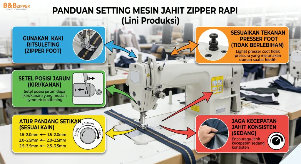 setting mesin jahit zipper tidak miring dengan zipper foot yang tepat