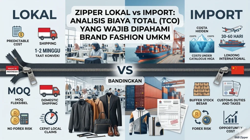 zipper lokal vs import fashion UMKM analisis total cost of ownership untuk keputusan sourcing brand fashion Indonesia
