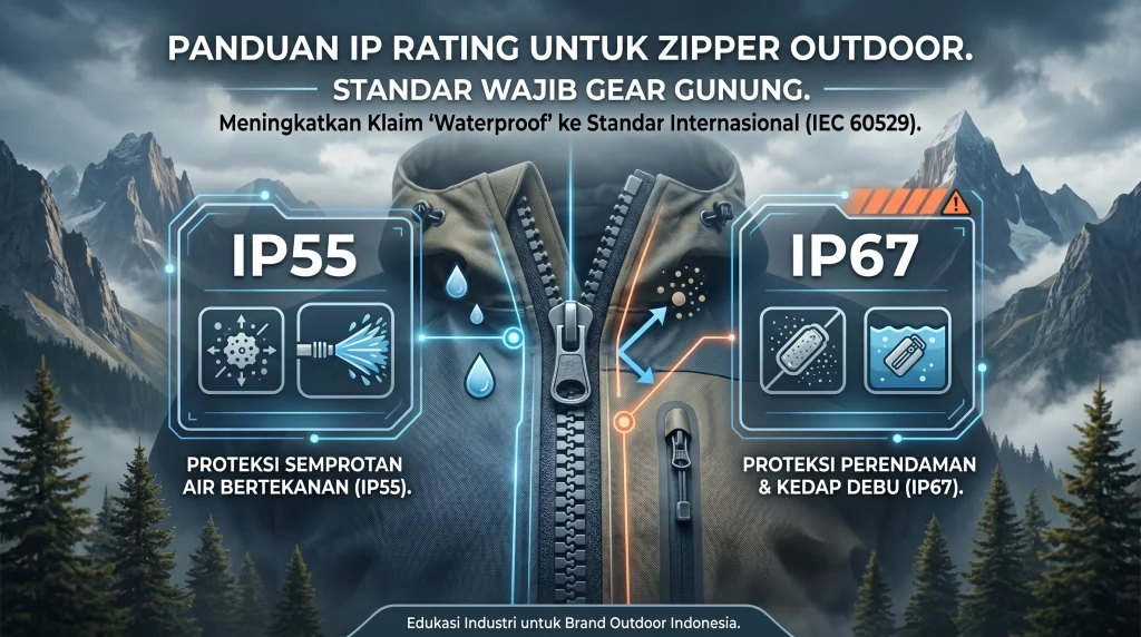 zipper outdoor IP rating — perbandingan standar IP55 dan IP67 untuk produksi gear gunung berdasarkan IEC 60529