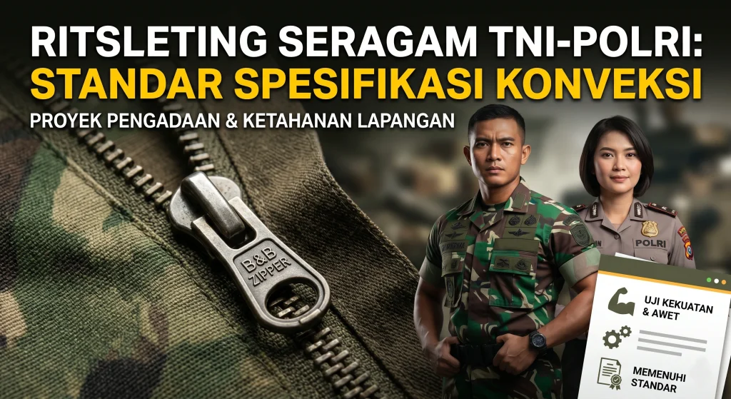 zipper seragam TNI Polri standar — spesifikasi ritsleting untuk proyek pengadaan seragam dinas militer dan kepolisian