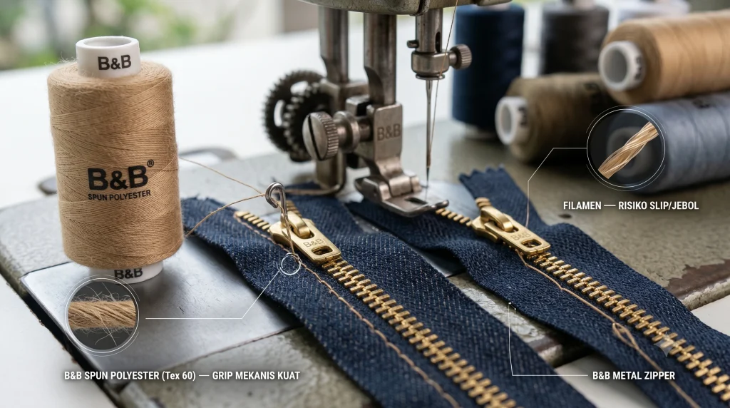 benang jahit spun polyester untuk jahitan tape resleting konveksi industri