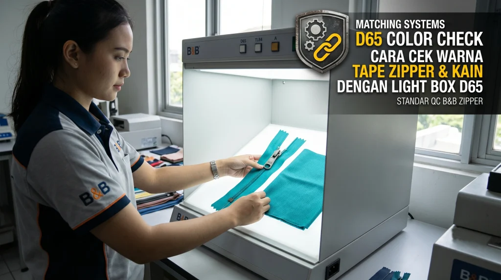 cara cek warna tape zipper light box d65 metamerisme pencocokan warna resleting kain garmen
