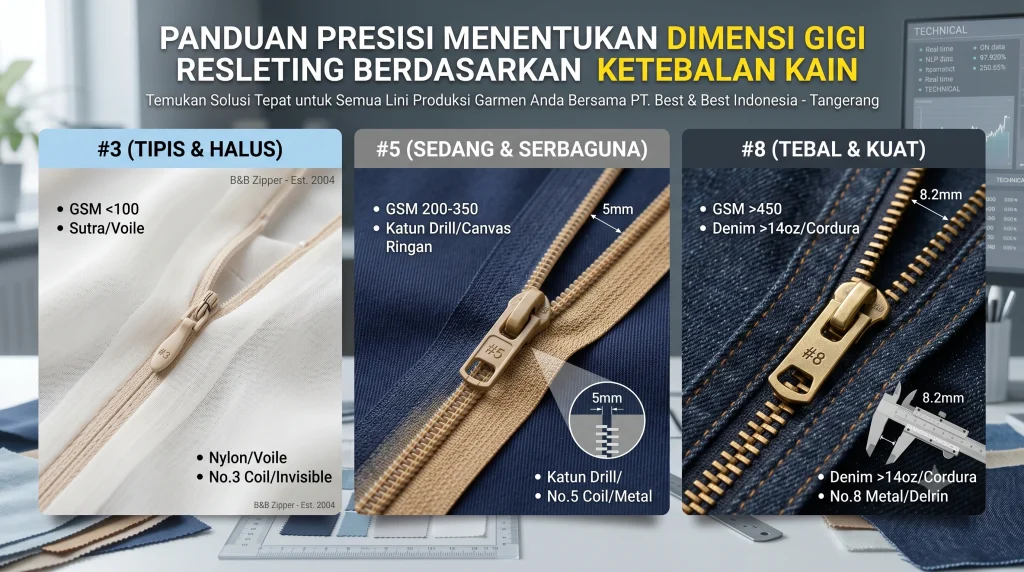 cara menentukan dimensi resleting berdasarkan ketebalan kain GSM panduan QC konveksi