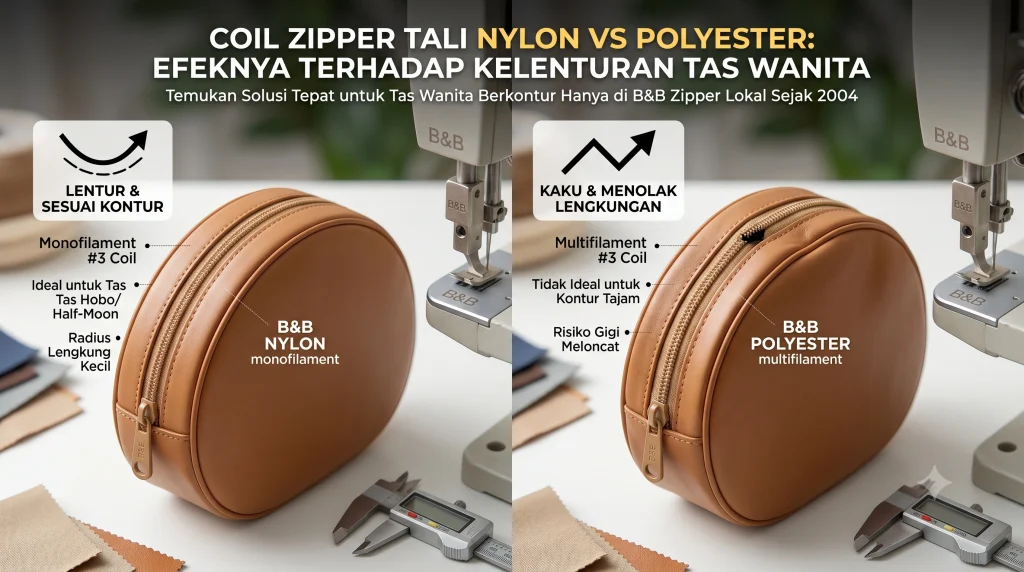 coil zipper nylon vs polyester untuk tas wanita melengkung produksi konveksi