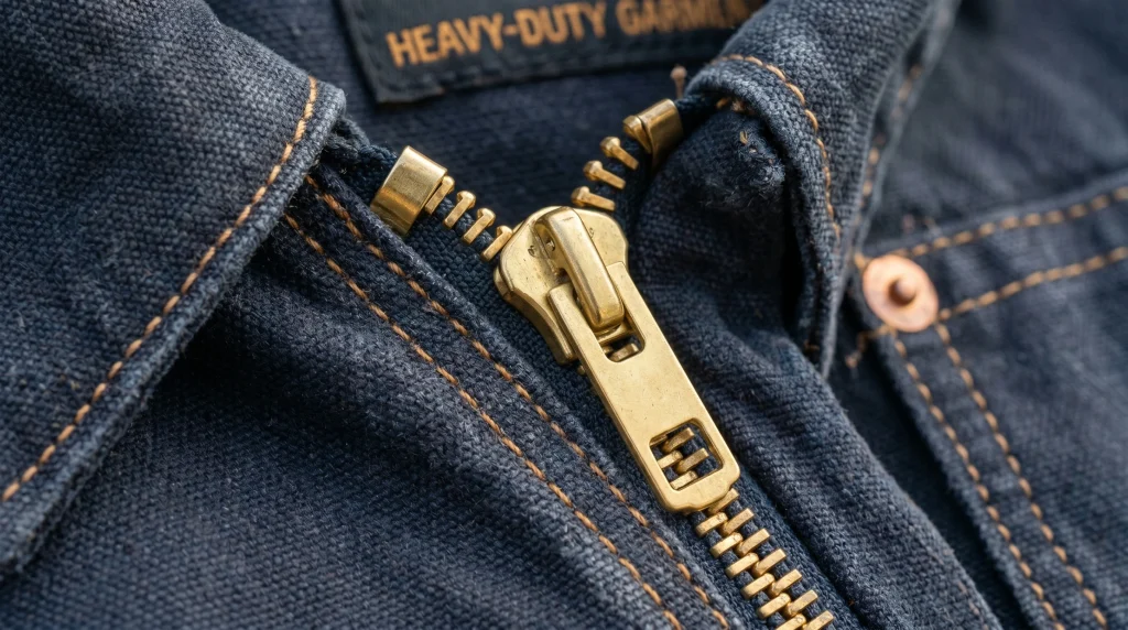 komponen top stop resleting tembaga pada jaket heavy duty