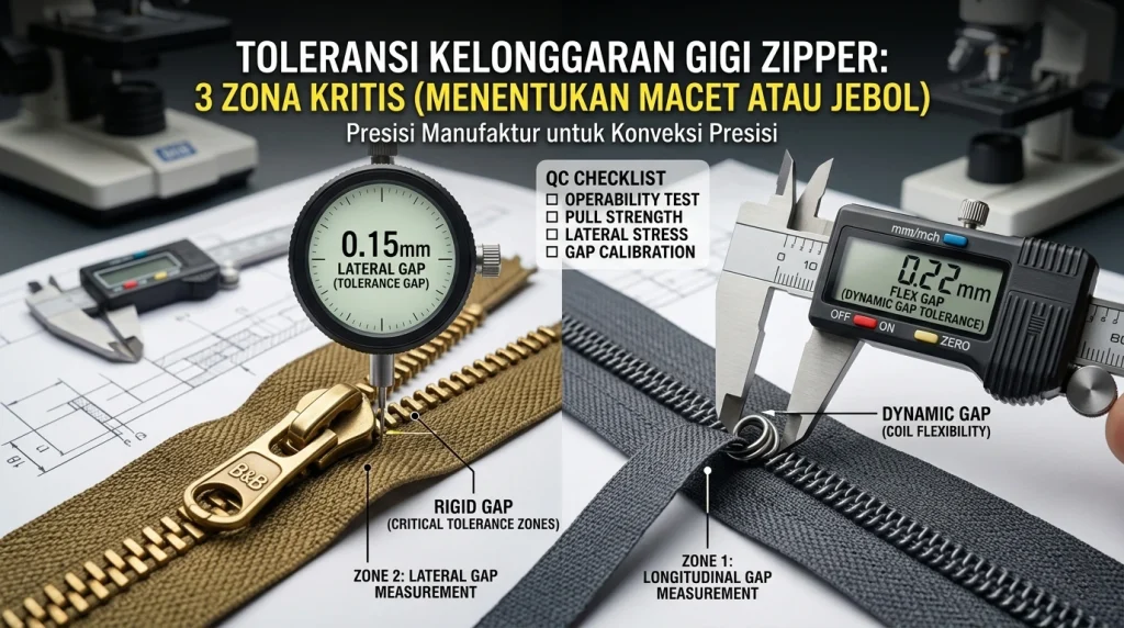 toleransi kelonggaran gigi zipper metal dan coil tolerance gap engineering QC