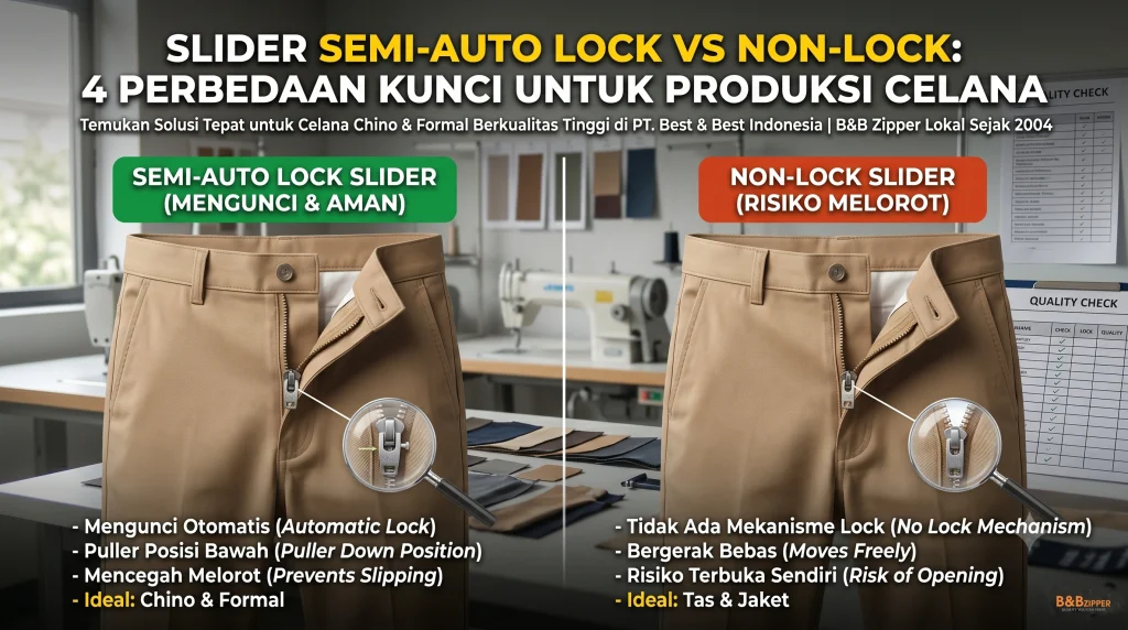 slider semi-auto lock vs non-lock resleting celana chino formal pria komponen zipper