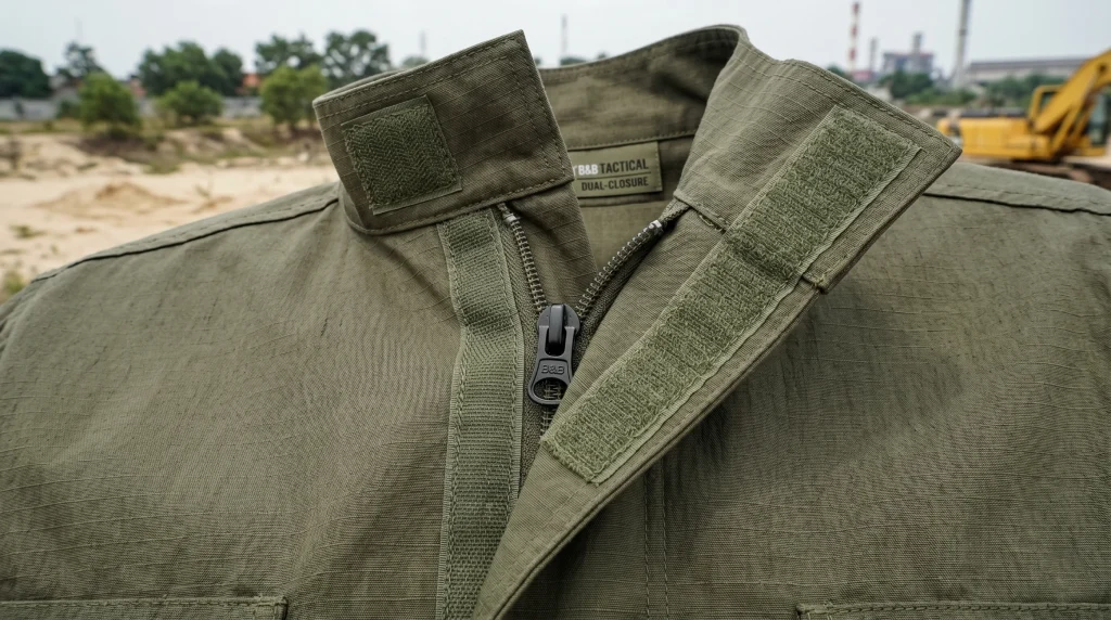 magic tape dan zipper dual closure pada seragam militer dan seragam tambang k3