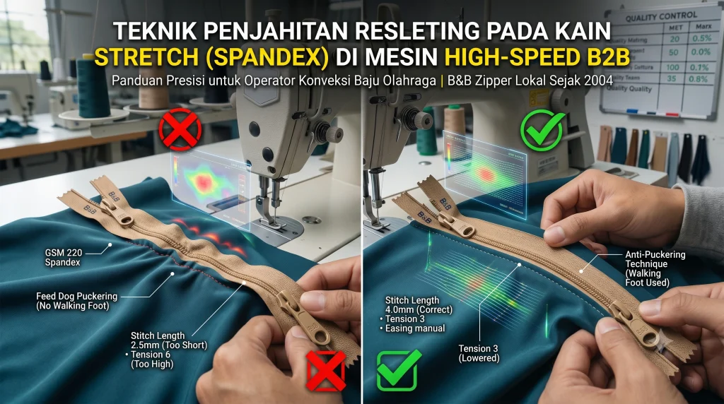 jahit resleting kain stretch spandex teknik anti puckering mesin high-speed produksi massal