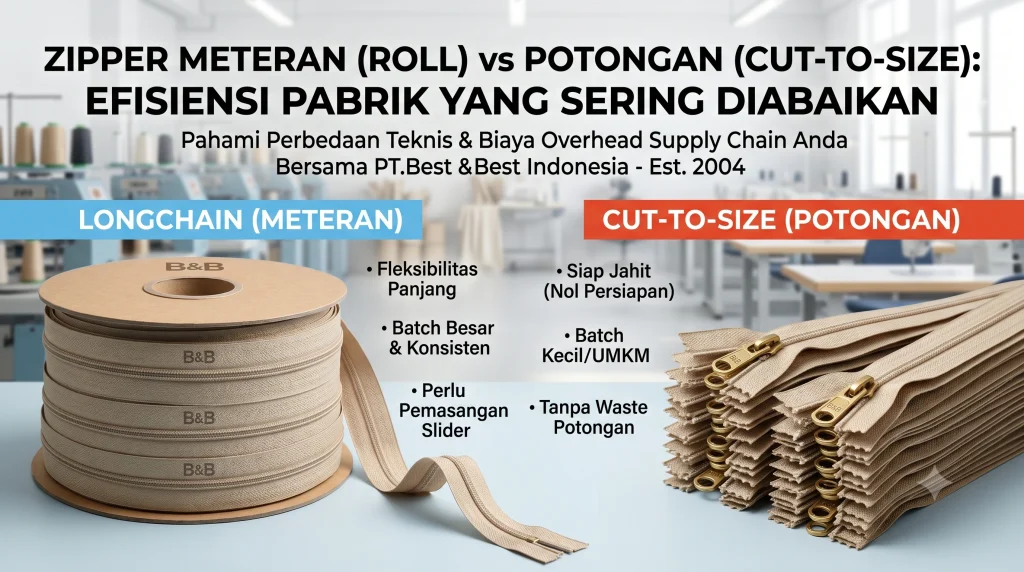 zipper roll vs cut to size longchain meteran resleting pabrik garmen konveksi