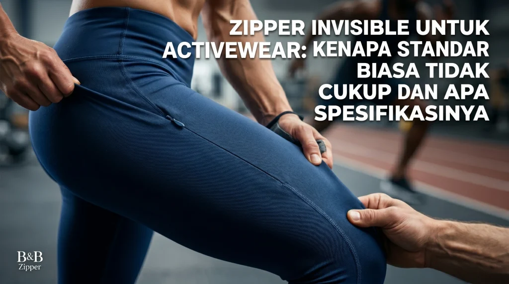 Spesifikasi teknis invisible zipper berbahan nylon coil pada pakaian olahraga untuk mencegah kegagalan konstruksi akibat tarikan kain spandex.