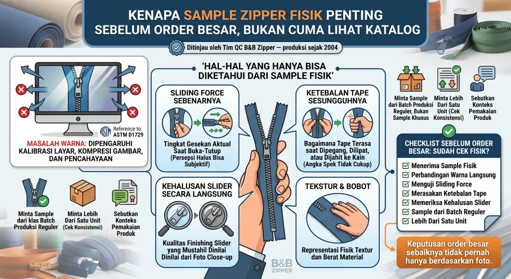 Sample zipper fisik sebelum order besar untuk cek warna dan kehalusan slider