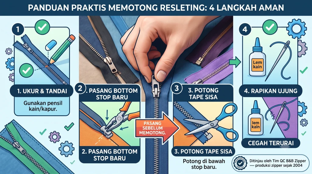 Cara memotong resleting yang kepanjangan dengan 4 langkah aman menggunakan bottom stop pengganti