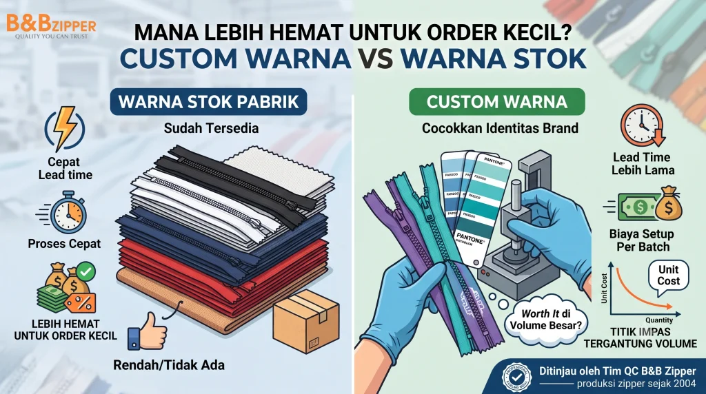 Perbandingan custom warna resleting dan warna stok pabrik untuk keputusan order kecil