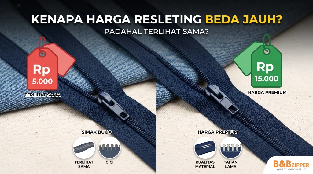 Perbandingan dua resleting terlihat sama namun harganya berbeda jauh akibat kualitas material dan finishing