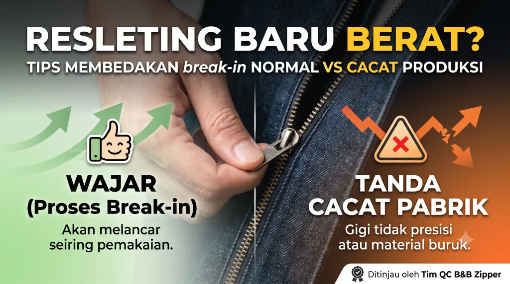 Tangan menarik resleting baru pada jaket untuk mengecek apakah tarikannya wajar atau ada cacat produksi