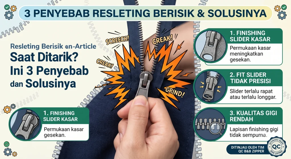 Resleting berisik dengan gesekan gigi dan slider yang menghasilkan bunyi decitan saat ditarik
