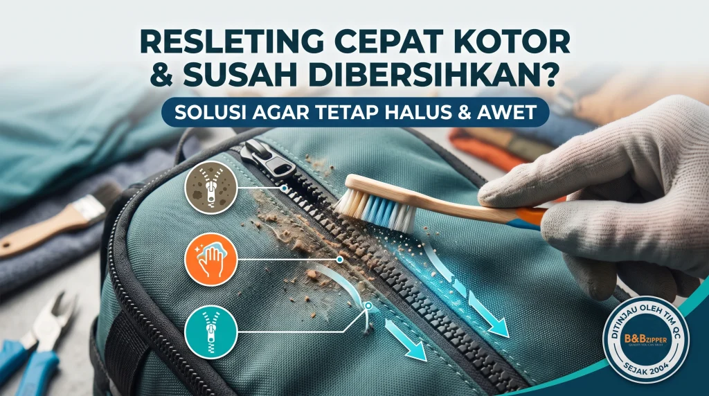 Resleting cepat kotor dengan debu dan serat menumpuk di sela-sela gigi zipper