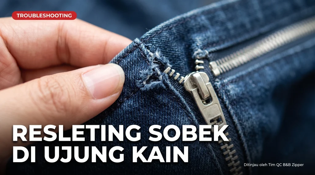 Resleting sobek di ujung kain pada titik pertemuan tape dengan jahitan kain produk