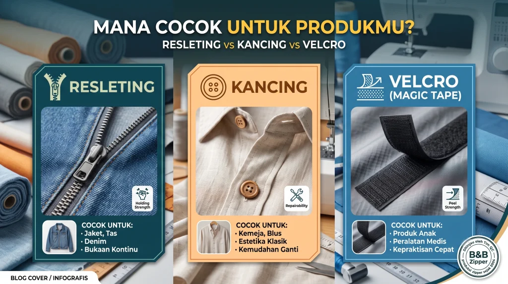 Perbandingan resleting, kancing, dan velcro sebagai tiga jenis penutup pakaian