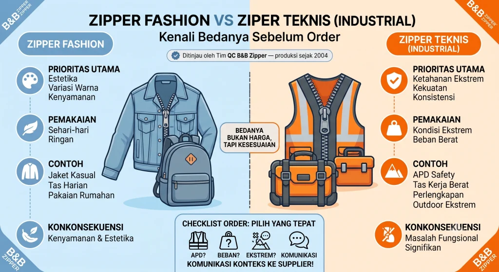 Zipper Fashion vs Zipper Teknis: 4 Aspek yang Membedakan