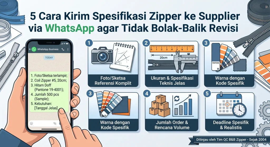 cara kirim spesifikasi zipper ke supplier via whatsapp