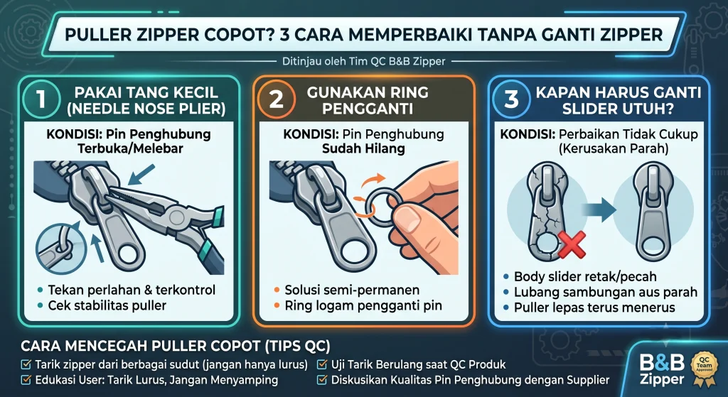 Puller Zipper Copot? 3 Cara Perbaiki Tanpa Ganti Zipper