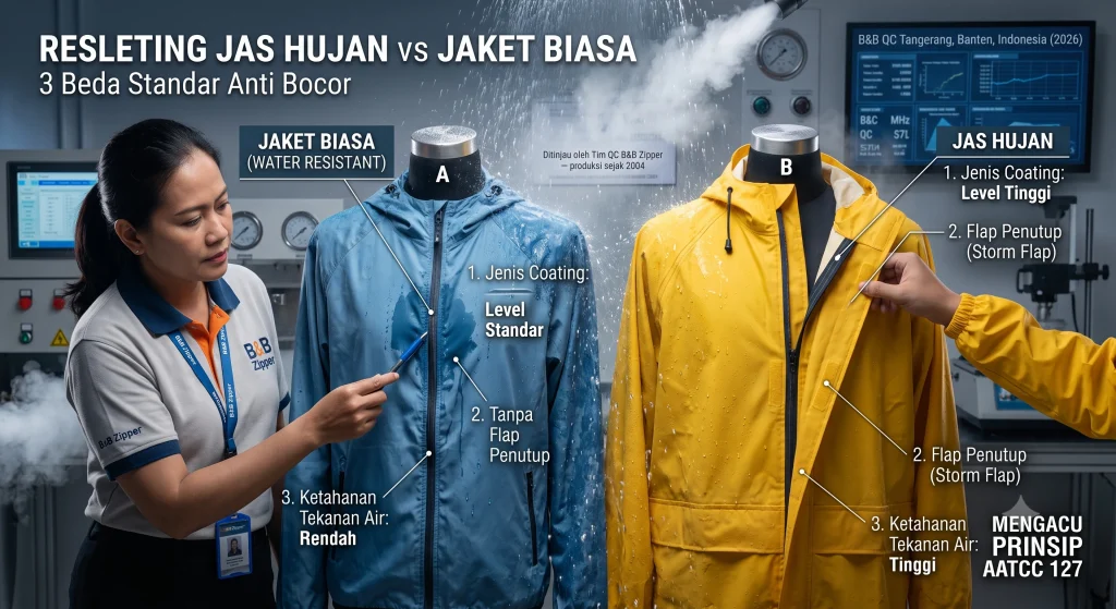 resleting jas hujan vs jaket biasa perbandingan standar anti bocor