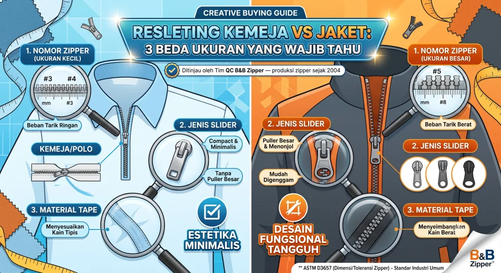 resleting kemeja vs jaket perbandingan ukuran