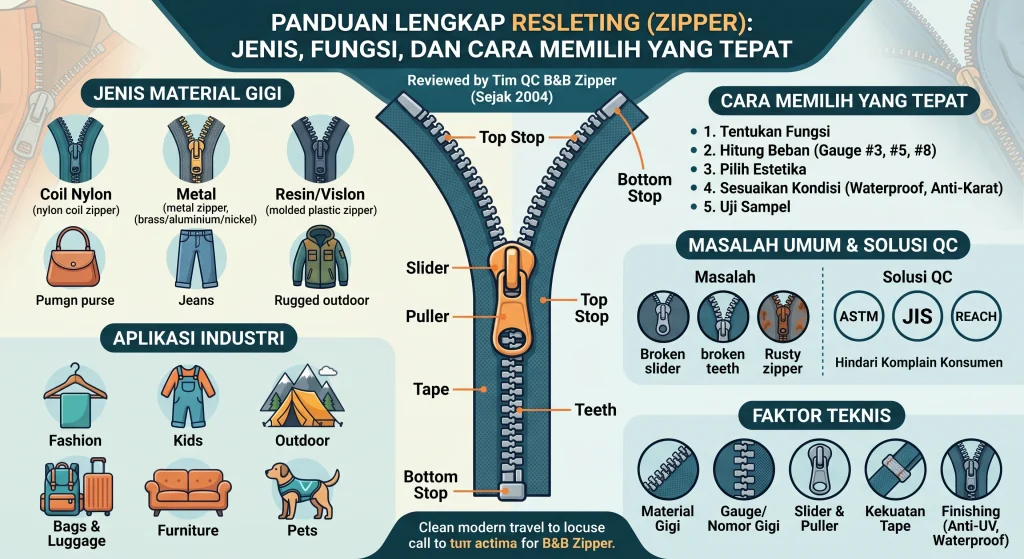 Resleting (Zipper): Panduan Lengkap Jenis & Cara Pilih