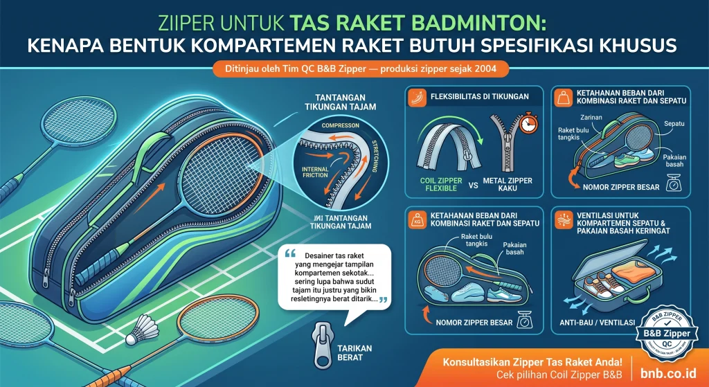 zipper tas raket badminton lentur di tikungan raket